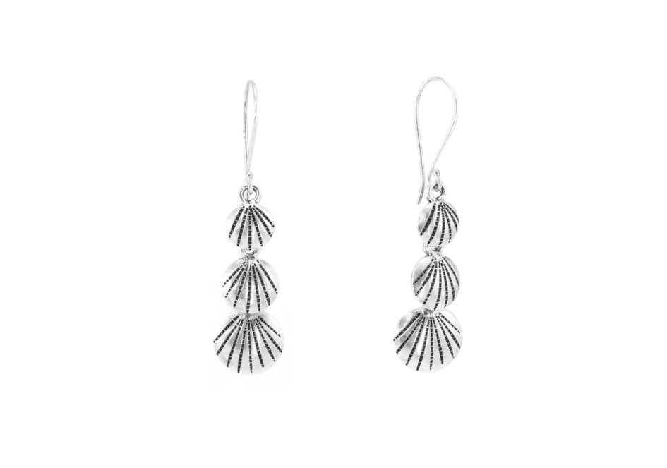 Triple-shell silver drop earrings