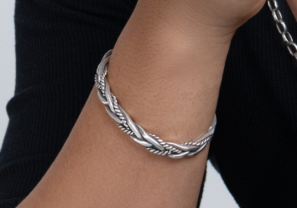 Woven Twisted Silver Wire Cuff Bangle